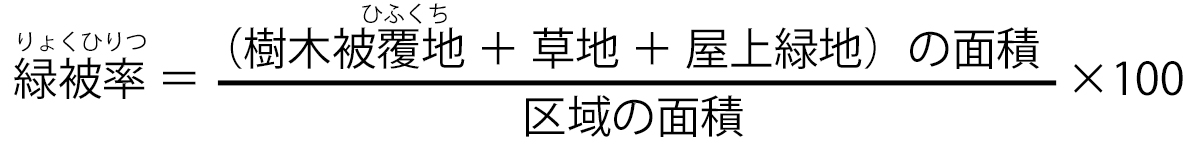 緑被率=(樹木被覆地＋草地＋屋上緑地）÷区域面積×100